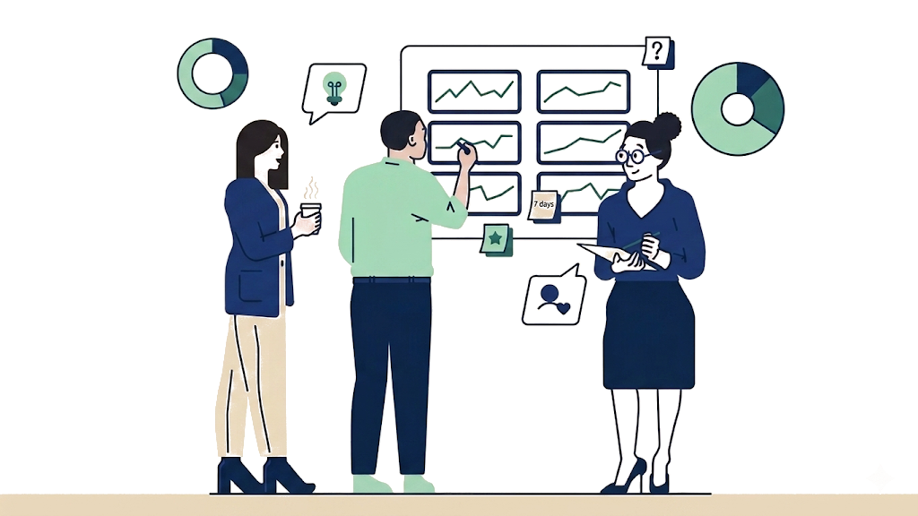 Equipo de Metryca analizando métricas y gráficos en un tablero